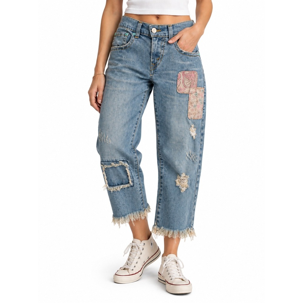 Levi's Slouch Y2K Patchwork Distressed Cropped Jeans Size 7